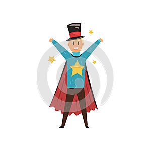 Circus magician surrounded by stars standing with hands up. Cheerful illusionist in magic hat and cape. Flat vector