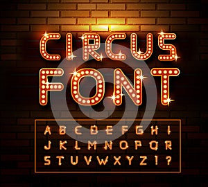 Circus marquee fonts on brick wall background. Vector