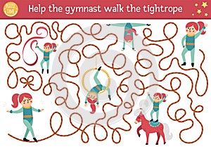 Circus maze for kids with gymnast walking the tightrope. Amusement show preschool printable activity with cute acrobat girl