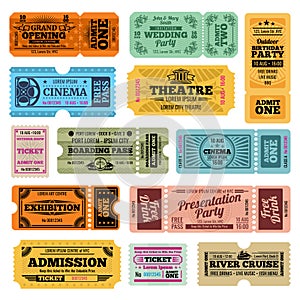 Circus, party and cinema vector vintage admission tickets templates