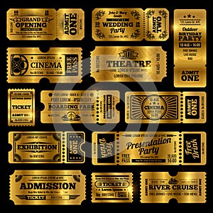 Circus, party and cinema vector vintage admission tickets templates. Golden tickets isolated on black background
