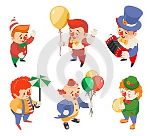 Circus party fun carnival clowns funny performance isometric characters icons set isolated 3d flat design vector