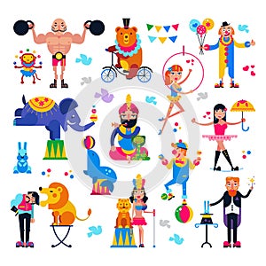 Circus people vector acrobat or clown and trained animals characters in circus-tent illustration set of magician and