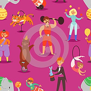 Circus people vector acrobat and clown with trained animals characters in circus-tent illustration set of magician and