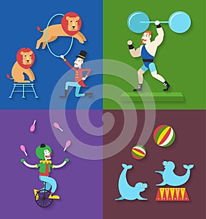 Circus performance with animals clown actor athlete, Vector illustration