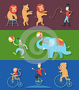 Circus performance with animals clown actor, Vector illustration