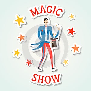 Circus performance cartoon illustration with magician and rabbit
