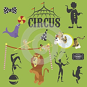 Circus performance decorative icons set with athlete animals magician