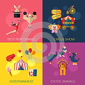 Circus performance, entertainment, exotic animals compositions with circus icons. Flat style design.