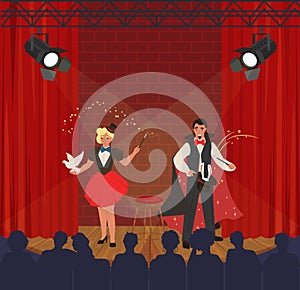 Circus performance. Illusionists and magicians performing tricks with dove, rabbit, flat vector illustration. Magic show