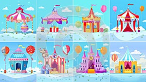 Circus performance posters with elephant on ball, tent and food cart. Modern cartoon set of festival flyers with