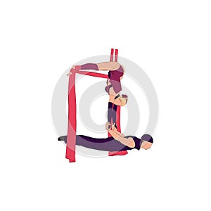 Circus performers on aerial silks isolated on white background. Strong woman acrobat holding a man in her arms. Show,