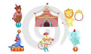 Circus Performers Characters Set, Marquee, Circus Animals, Lion, Bear, Monkey, Elephant Vector Illustration