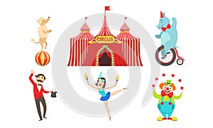 Circus Performers Characters Set, Marquee, Magician, Acrobat, Clown, Circus Animals, Horse, Poodle Dog, Elephant Vector