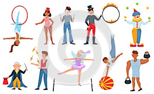 Circus performers, magician, clown, juggler, acrobat, strongman. Aerial acrobats, animal trainer with fire ring