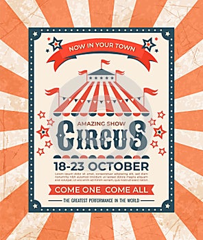 Circus poster. Carnival vintage old banner frame, magic show greetings card, retro invitation card. Vector marquee tent photo