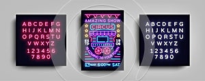 Circus poster design template in neon style. Circus wagon Neon sign, tent, light banner, bright brochure, neon flyer