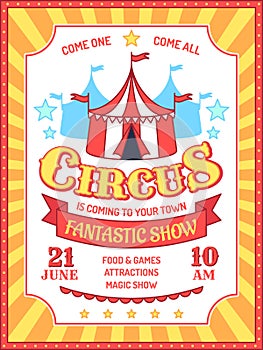 Circus poster. Fun fair event invitation, carnival performances announcement, circus tent and ad text retro banner vector