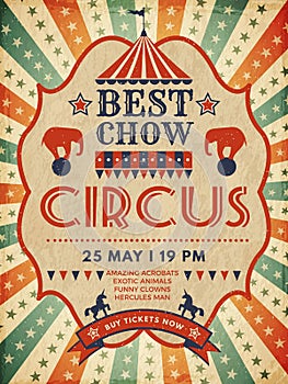 Circus poster. Retro placard magic invitation for circus mascarade event show vector template