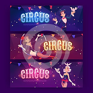 Circus posters with magician, aerial gymnast