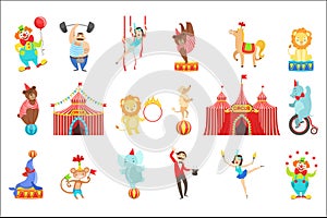 Circus Related Objects And Characters Set. Cute Cartoon Childish Style Illustrations Isolated