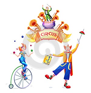 Circus set of character, including juggler, clown and entertainer. Illustration in cartoon style.