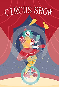 Circus show banner with funny clowness equilibrist, flat vector illustration.