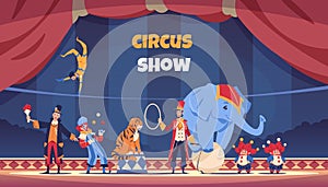 Circus show. Cartoon poster with clown and acrobat. Juggler and magician performing tricks. Trainer with elephant