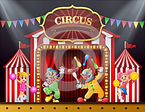 Circus show with clowns and cheerleader on the stage arena