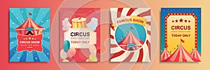 Circus show cover brochure set in flat design. Poster templates with striped tent for acrobat, clown or magician art performances