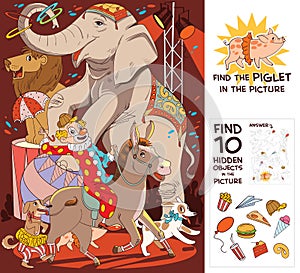 Circus show with elephant, clown, dog, lion and donkey. Find 10 hidden objects photo