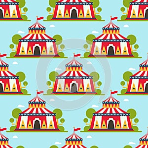 Circus show entertainment tent marquee marquee outdoor festival with stripes and flags carnival seamless pattern.