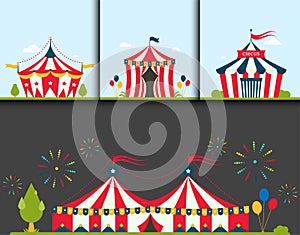 Circus show entertainment tent marquee marquee outdoor festival with stripes flags flayer brochure carnival card