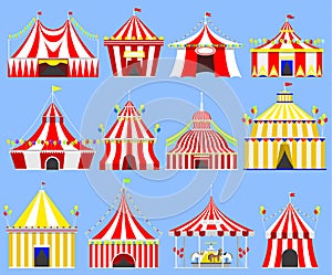 Circus show entertainment tent marquee marquee outdoor festival with stripes and flags isolated carnival signs