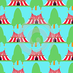 Circus show entertainment tent marquee outdoor festival with stripes flags carnival seamless pattern background vector