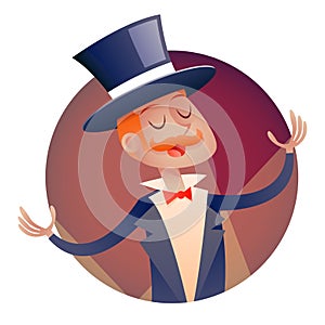 Circus Show Host Boy Man in Suit with Cylinder Hat Icon on Stylish Background Retro Cartoon Design Vector Illustration