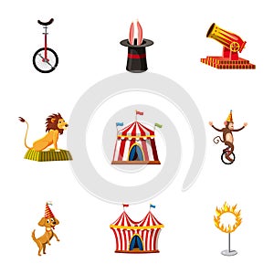 Circus show icons set, cartoon style