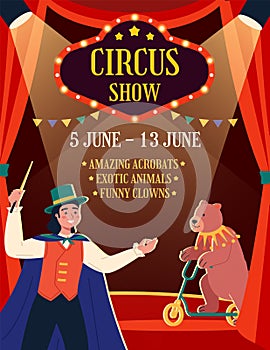 Circus show poster. Curtain frame invitation banner. Advertising flyer template with arena and artists. Magician with