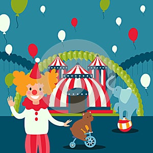 Circus show poster, vector illustration. Carnival scene, invitation to funfair. Traveling circus tent, festival marquee