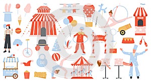 Circus show set with clown, carnival tent, magician, mime and flying acrobat performers