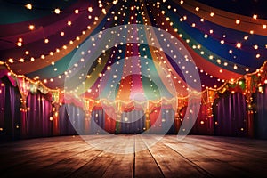 Circus stage with lights and wooden floor. Vector illustration. Eps 10, Colorful multi colored circus tent background and