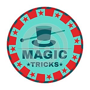 Circus sticker. Magician tricks. Illusionist performance. Magic conjuror show. Fair entertainment. Magical wand. Mystery