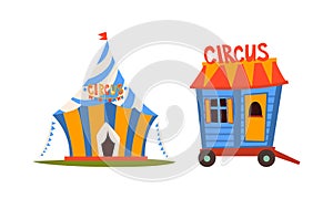 Circus Striped Tent and Wheeled Wagon Vector Set