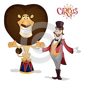 Circus tamer and lion posing