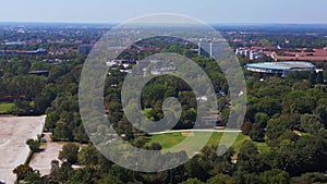 circus tent aerial view flight Olympiastadion Munich Park Germany arena. drone