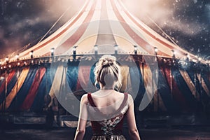 Circus tent arena top woman performer. Generate Ai