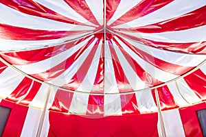 Circus tent background. Colorful design, striped white and red, retro style