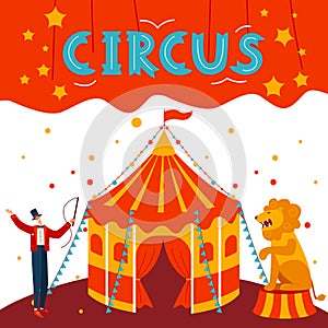 Circus tent, character male tamer, animal tiger, isolated on white, flat vector illustration. Entertainment circus show