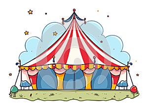 Circus tent in a field with colorful stripes and stars. Carnival outdoor event theme. Funfair festival marquee vector