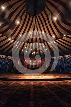 circus tent interior with empty seats and spotlights